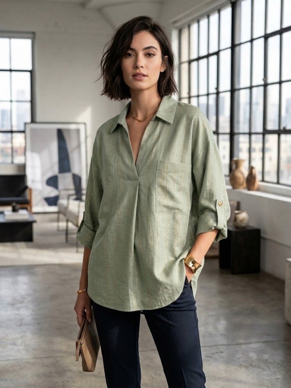 MINE Sage Green Gold Utility Blouse Roll Tab Sleeve V Neck Size L